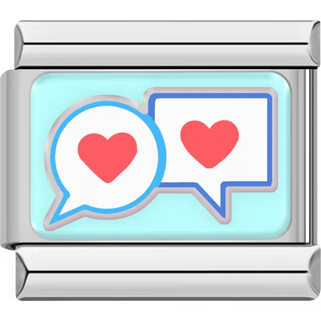 Two chat bubbles with pink hearts inside, one round and one square, on a light aqua background.